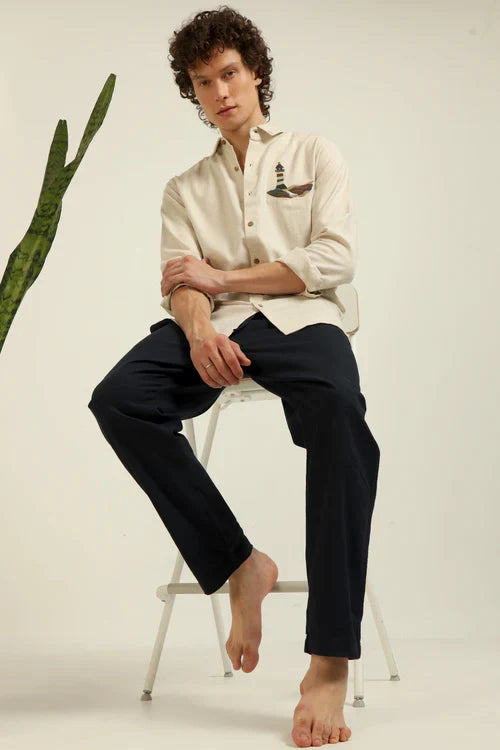 Lighthouse Cotton Regular Fit Beige Embroidered Shirt