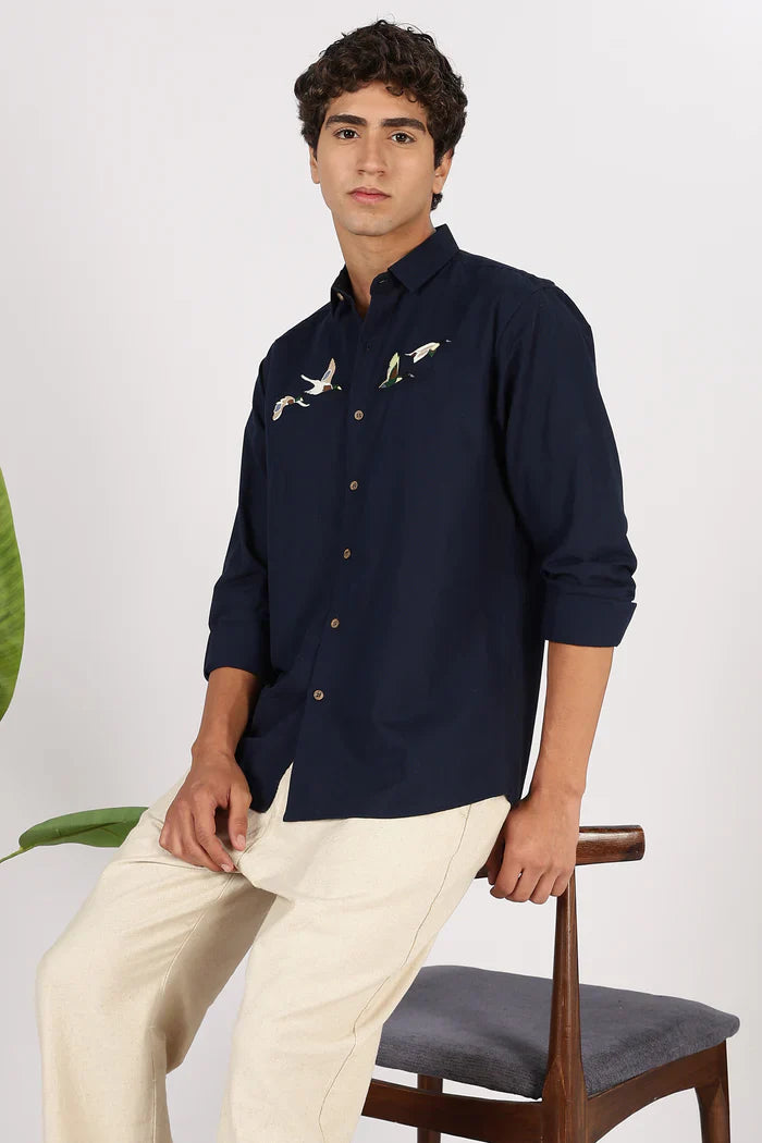 Flying Ducks Cotton Regular Fit Blue Embroidered Shirt