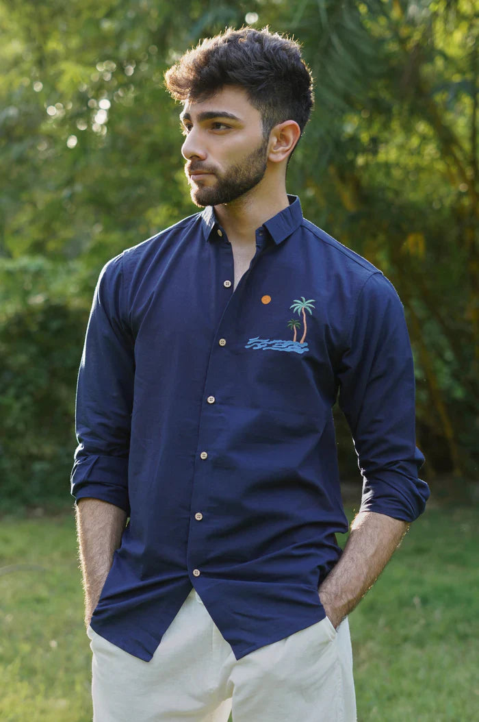 "Tides & Palms" Cotton Regular Fit Navy Embroidered Navy Shirt
