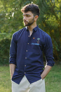 "Tides & Palms" Cotton Regular Fit Navy Embroidered Navy Shirt