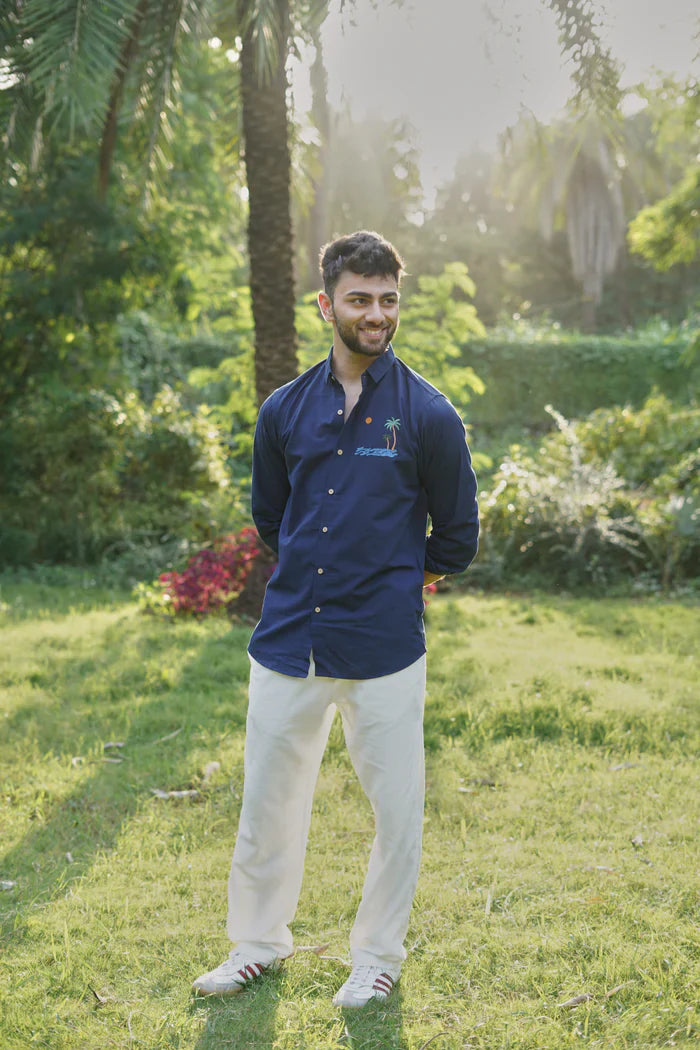 "Tides & Palms" Cotton Regular Fit Navy Embroidered Navy Shirt