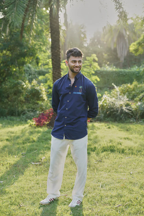 "Tides & Palms" Cotton Regular Fit Navy Embroidered Navy Shirt