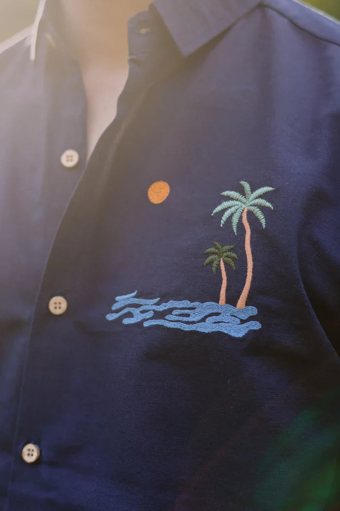 "Tides & Palms" Cotton Regular Fit Navy Embroidered Navy Shirt