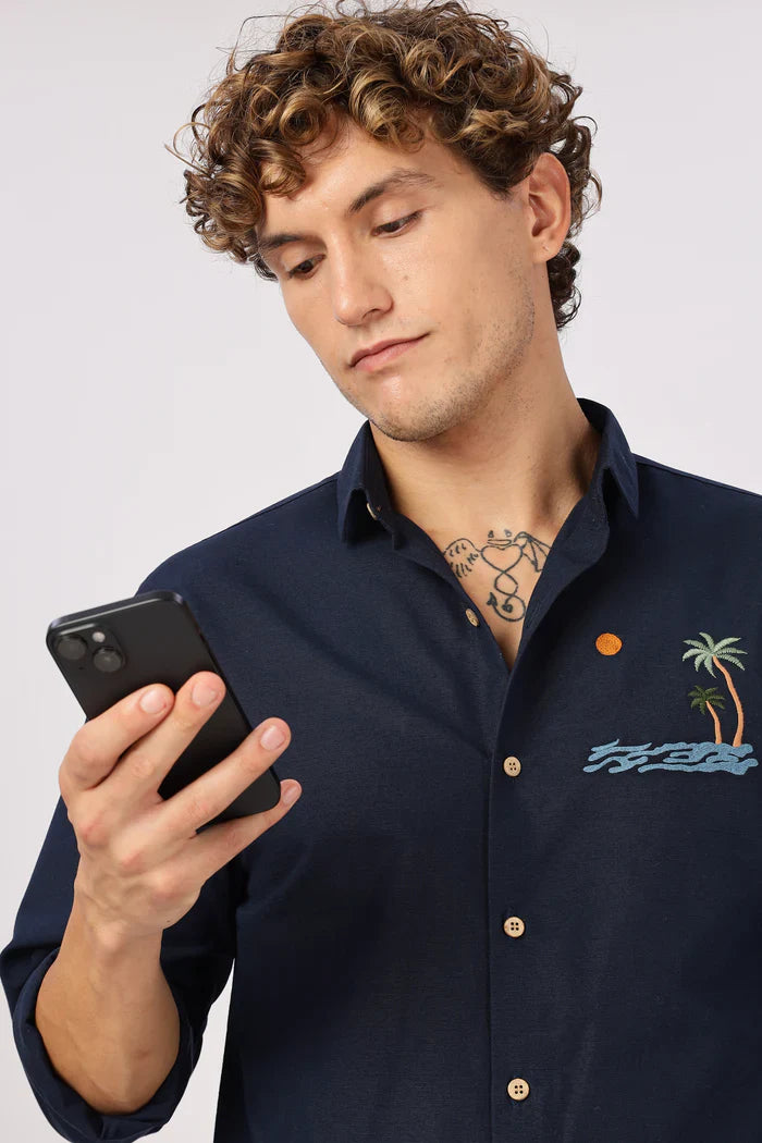 "Tides & Palms" Cotton Regular Fit Navy Embroidered Navy Shirt