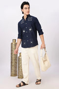 Midnight Postcard Cotton Regular Fit Navy Embroidered Shirt