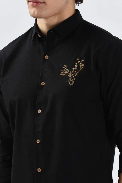 Arctic Reindeer Cotton Regular Fit Black Embroidery Shirt