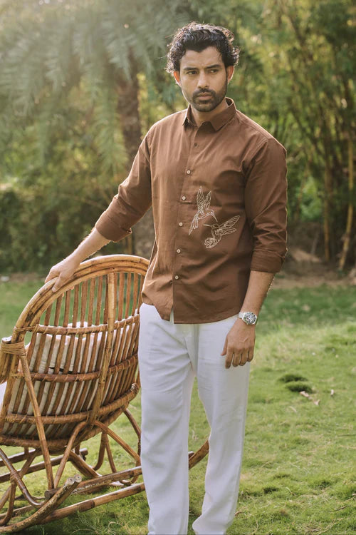 Humming bird Haven Cotton Regular Fit Brown Embroidery Shirt
