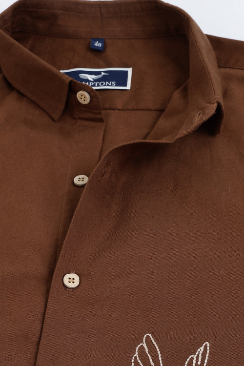 Humming bird Haven Cotton Regular Fit Brown Embroidery Shirt