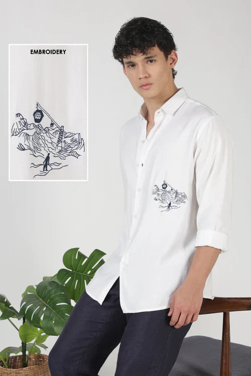 Mountain Line Art 100% Cotton Regular Fit White Embroidered Shirt