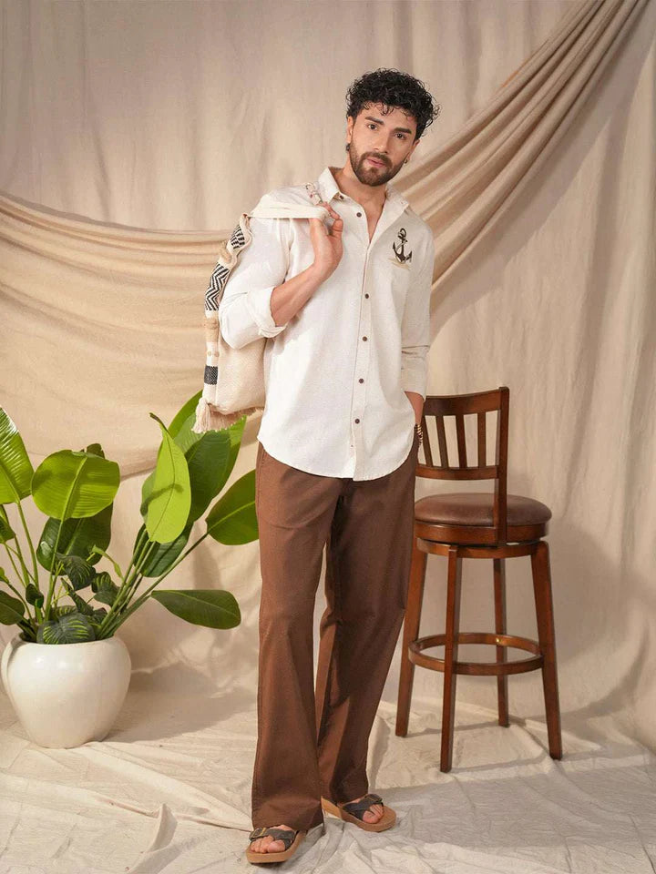 Beige Natural Grains Anchor Embroidery Linen Cotton Shirt