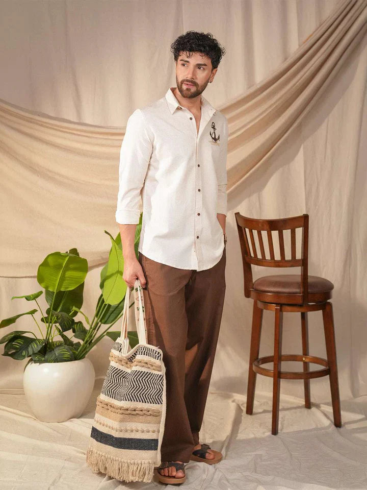 Beige Natural Grains Anchor Embroidery Linen Cotton Shirt