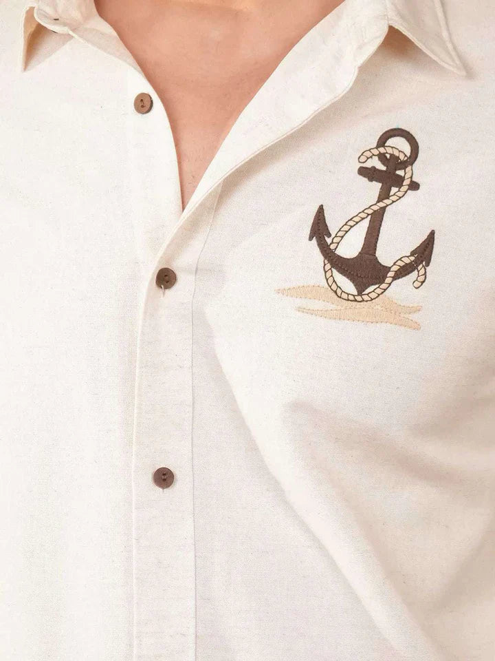 Beige Natural Grains Anchor Embroidery Linen Cotton Shirt