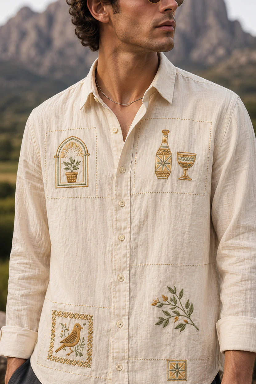 Mosaic Tile Embroidered Cream Shirt