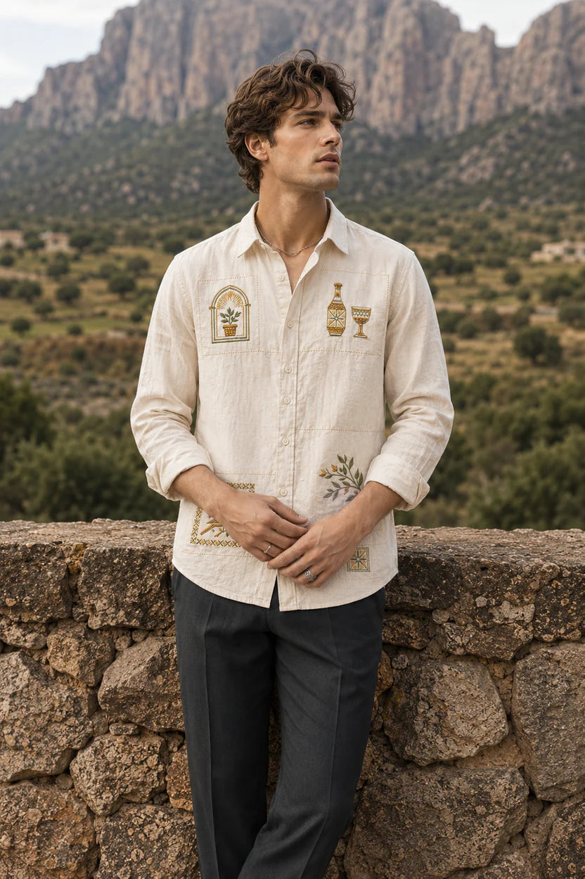 Mosaic Tile Embroidered Cream Shirt