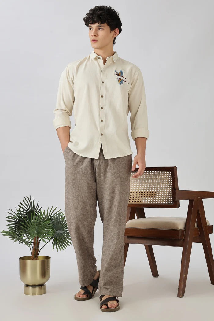 Striped Embroidered Tropical Palm Ocean Motif Shirts