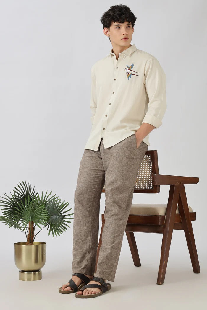 Striped Embroidered Tropical Palm Ocean Motif Shirts