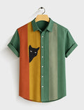 MULITI COLOR VERTICAL STRIPD BLACK CAT PRINTED SHIRT